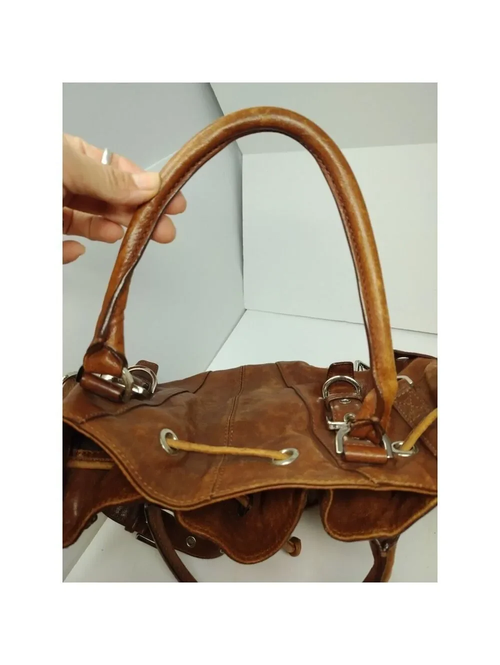 Michael Kors Leather Tote Hobo Shoulder Bag Distressed Look Large Bucket Buckle